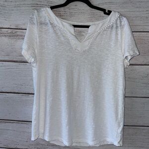 Talbots White Textured Cotton Top Pom Pom Trim Notch Neck Size Medium Office